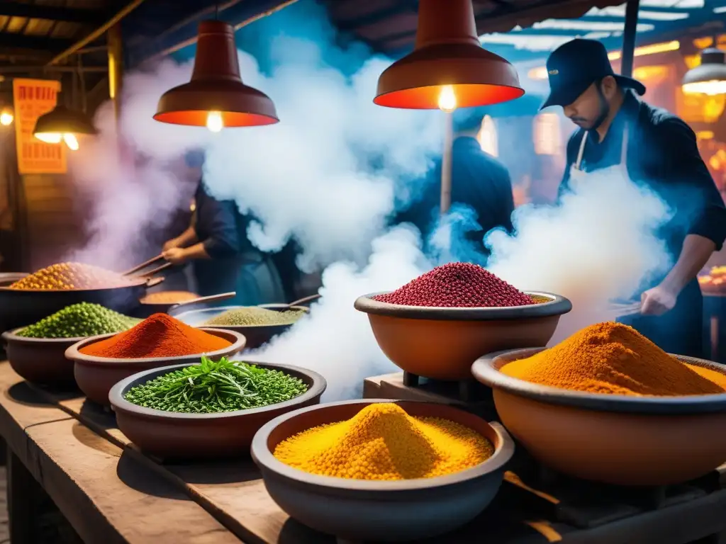 Un mercado callejero bullicioso y colorido en el sudeste asiático, con curries veganos en ollas de barro