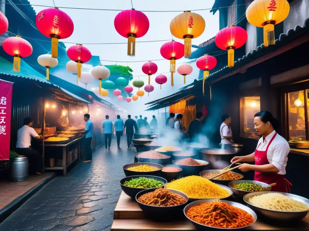 Un mercado callejero bullicioso en el corazón de una ciudad del Sudeste Asiático muestra platos veganos vibrantes