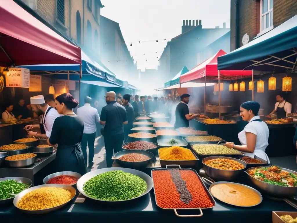 Un mercado callejero bullicioso con deliciosos platos veganos y clientes felices