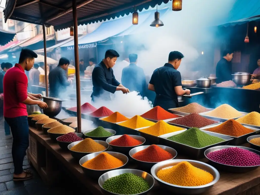 Un mercado callejero bullicioso en Asia con platos veganos coloridos