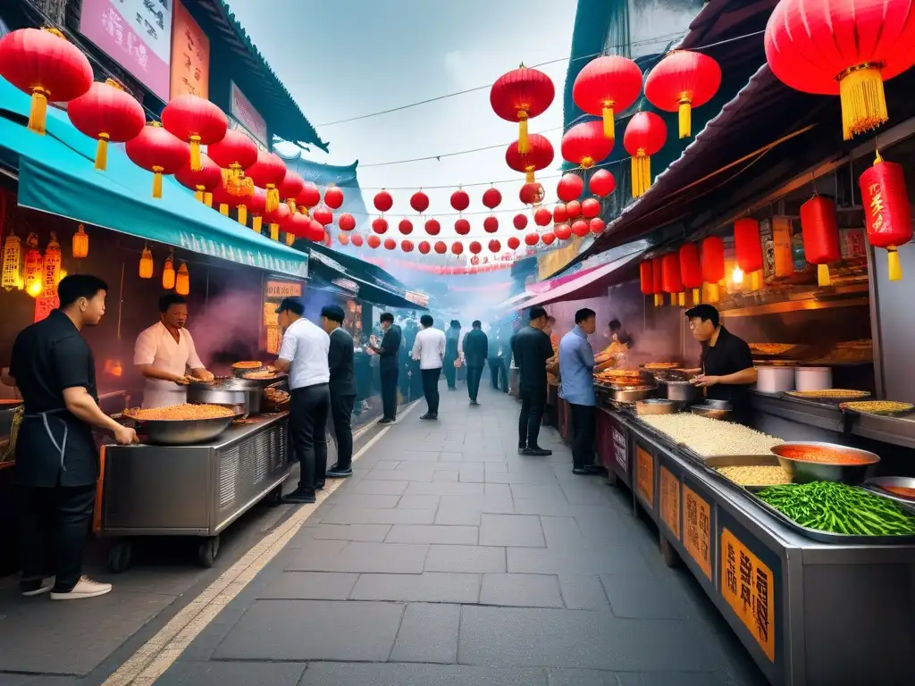 Un mercado callejero bullicioso de Asia con platos callejeros veganos coloridos y apetitosos