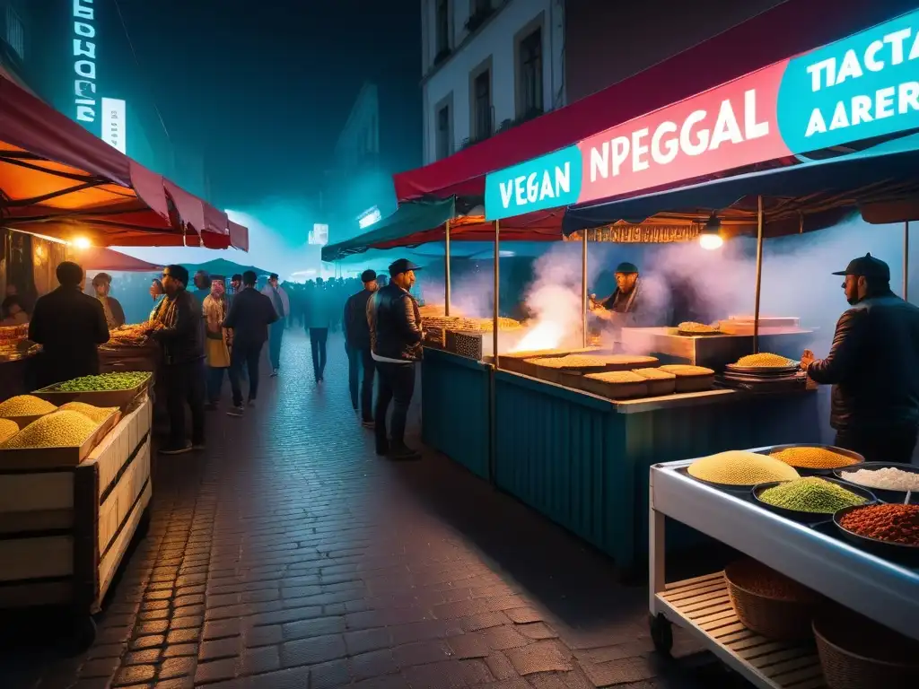 Un mercado callejero bullicioso en Latinoamérica, con puestos de comida vegana y diversidad cultural