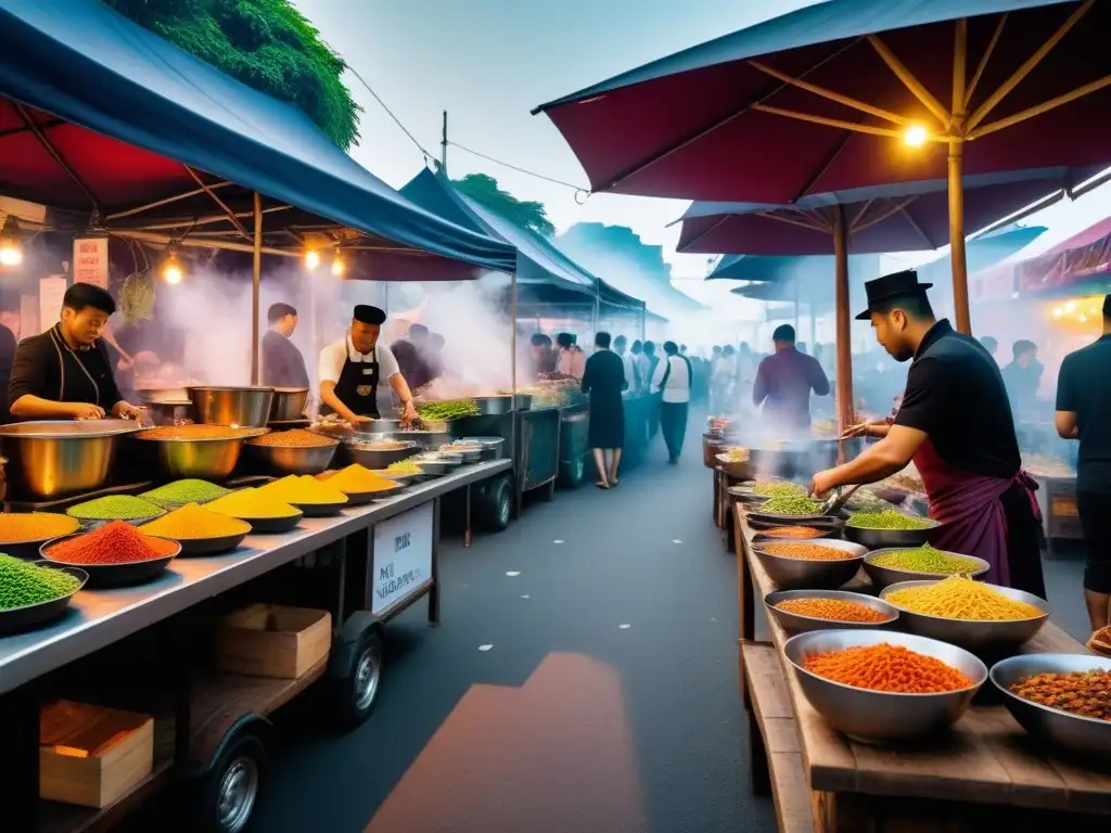 Mercado callejero vegano: colores y sabores asiáticos Mercado callejero bullicioso en Asia, con puestos coloridos ofreciendo platillos veganos