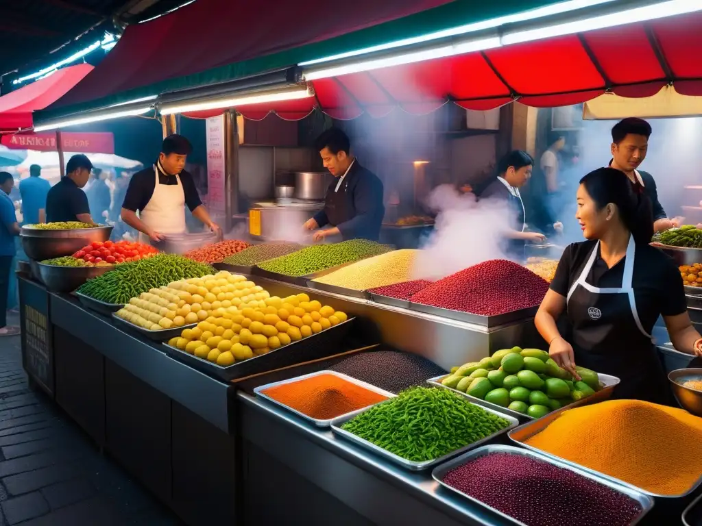 Un mercado callejero bullicioso en el Sudeste Asiático con puestos vibrantes llenos de frutas exóticas, hierbas aromáticas y platos veganos