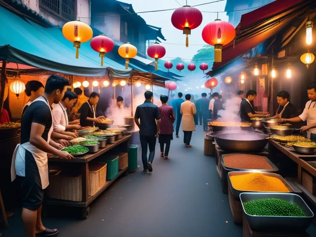 Un mercado callejero bullicioso en el sudeste asiático, con platos veganos variados y chefs locales expertos