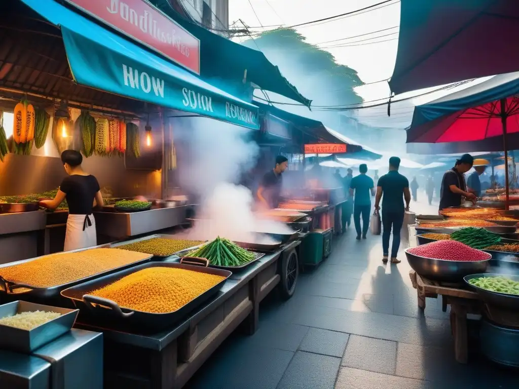 Un mercado callejero bullicioso en Bangkok, Tailandia, muestra la vibrante cocina vegana del sudeste asiático