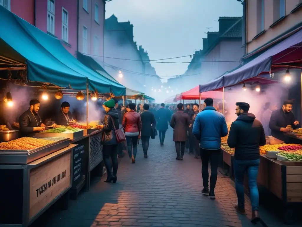 Un mercado callejero internacional bullicioso con variedad de recetas veganas internacionales y gente de diversas culturas