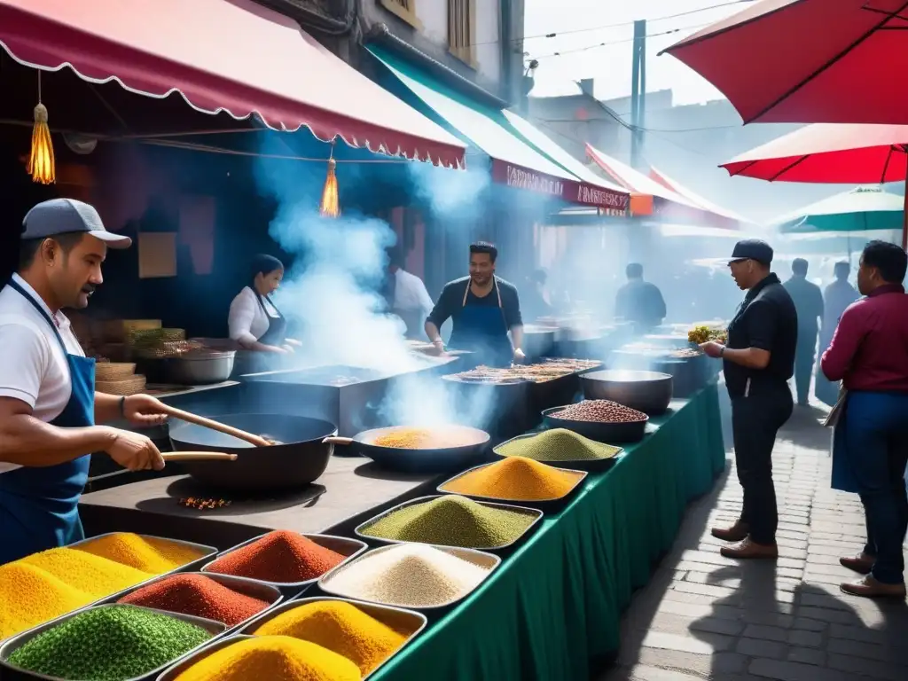 Un mercado callejero latinoamericano bullicioso, con coloridas recetas de comida callejera vegana latina