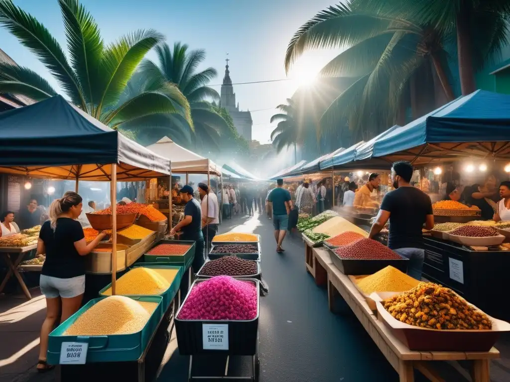 Mercado callejero en Oceanía con comida vegana y sabores vibrantes