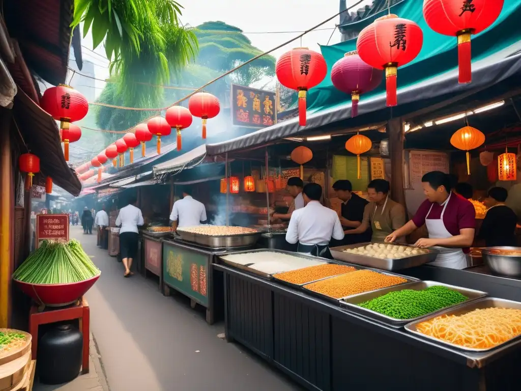 Mercado vegano asiático vibrante: coloridas delicias y cultura auténtica Un mercado callejero vegano asiático vibrante y bullicioso con una variedad de platos coloridos