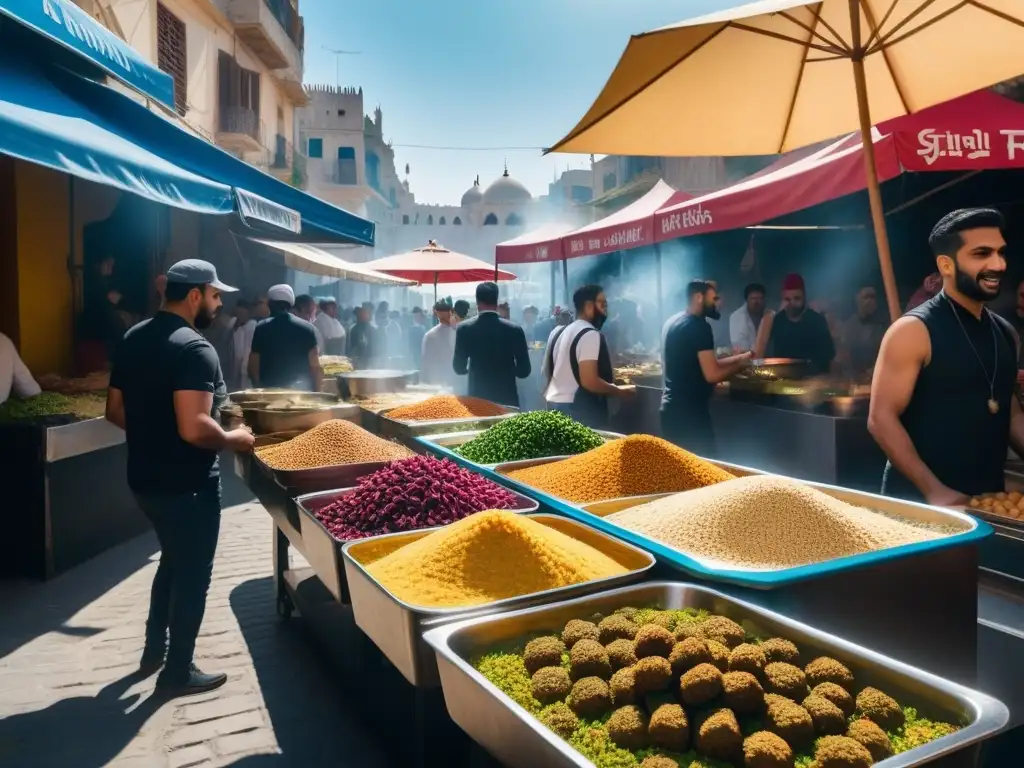 Un mercado callejero vegano bullicioso en Medio Oriente, lleno de colores y sabores