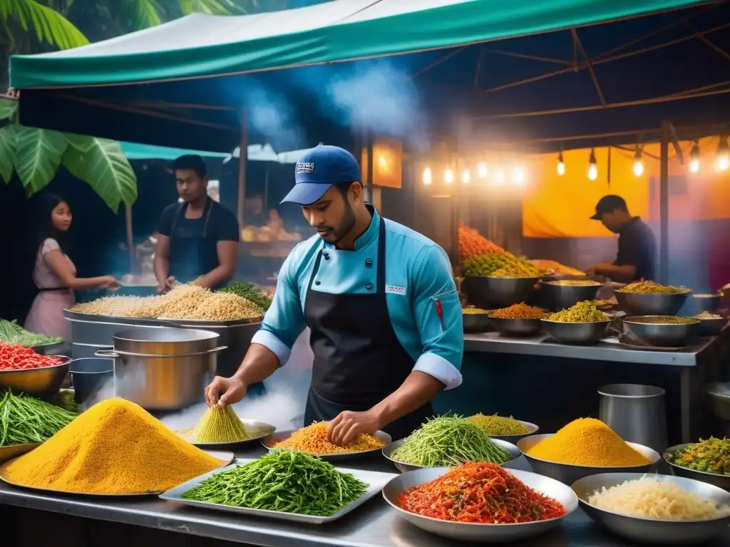 Mercado callejero vegano en Tailandia con frutas y especias exóticas