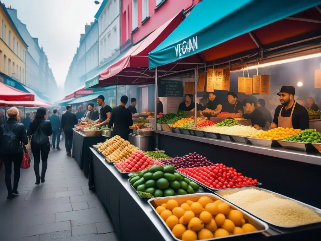 Un mercado callejero vegano lleno de color en una ciudad bulliciosa, con frutas frescas, verduras y platos a base de plantas