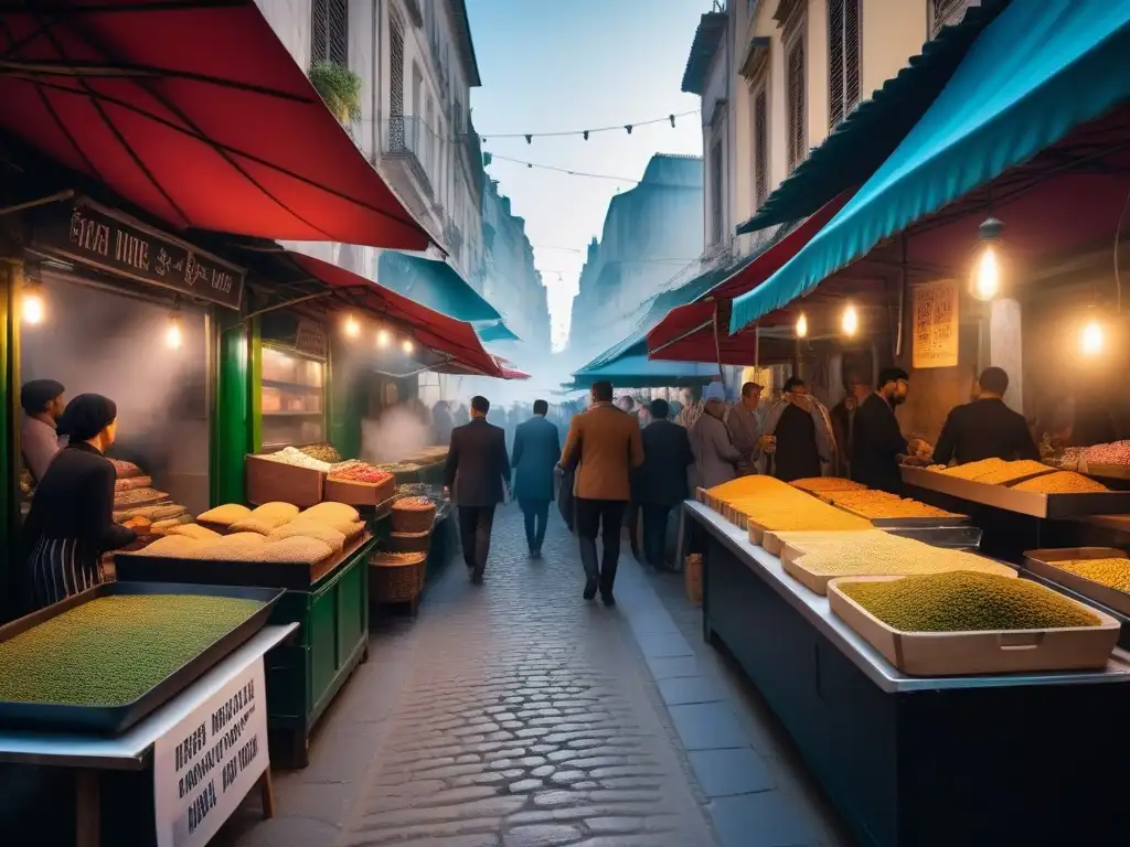 Un mercado callejero vegano en Medio Oriente, lleno de vida y color con deliciosos platillos y arquitectura tradicional