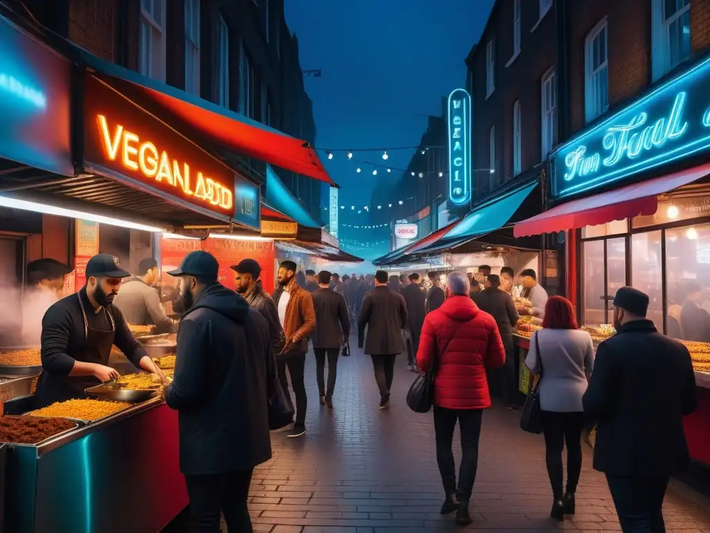 Un mercado callejero vegano con puestos de comida coloridos y clientes felices