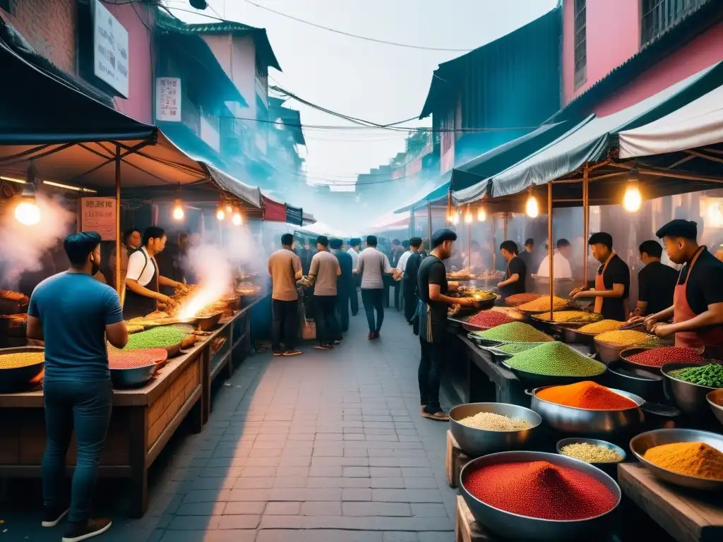 Un mercado callejero vegano en Asia rebosante de vida y color, capturando la influencia vegana en cocina mundial