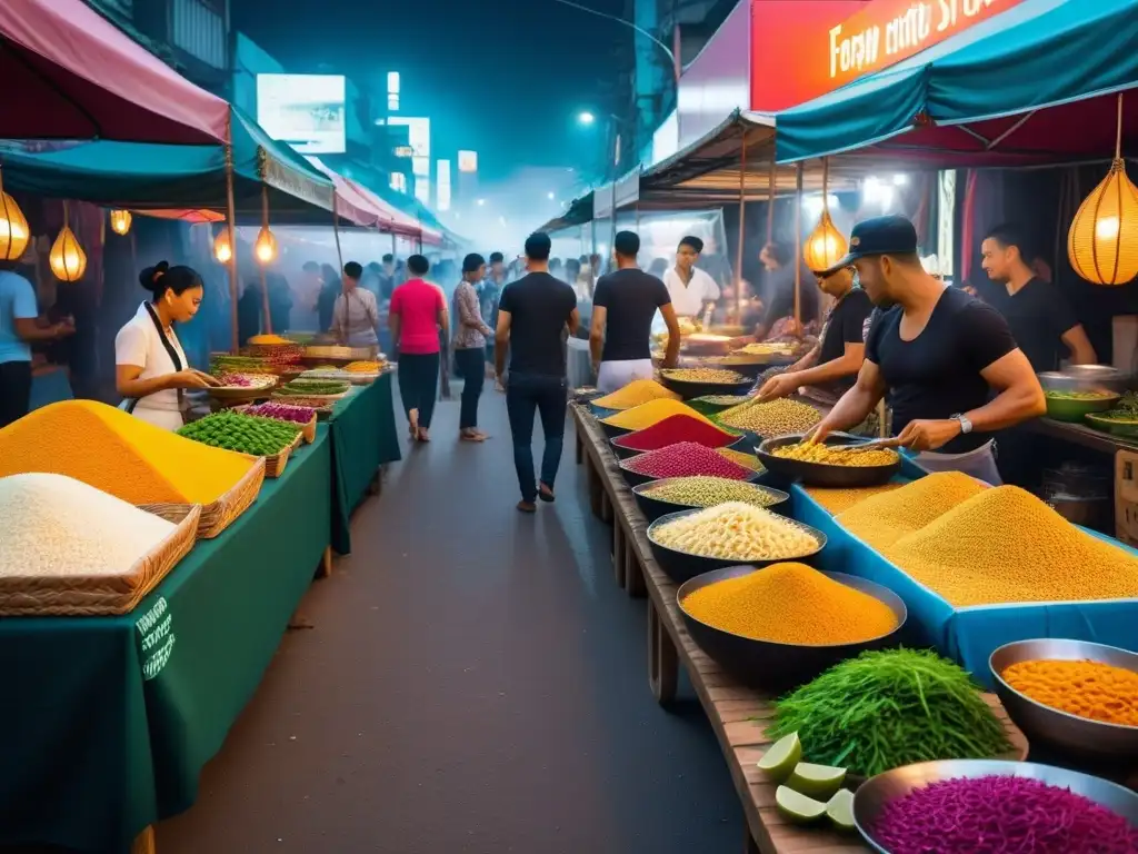 Un mercado callejero vegano en Tailandia rebosante de vida y color, con turistas disfrutando de tours gastronómicos internacionales