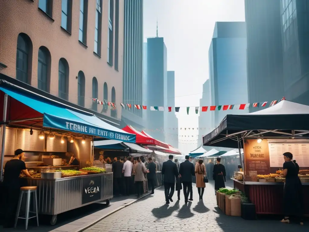 Un mercado callejero vegano con recetas veganas internacionales y redes culinarias