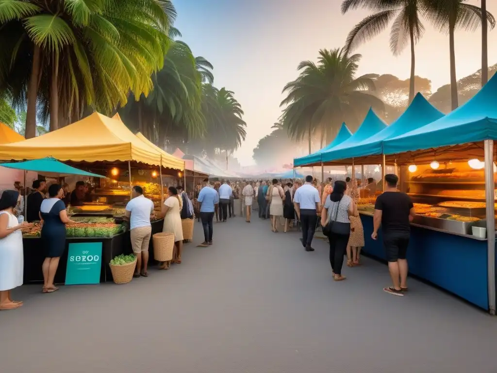 Mercado callejero vegano: Recetas comida callejera vegana latina en un ambiente festivo y colorido al atardecer