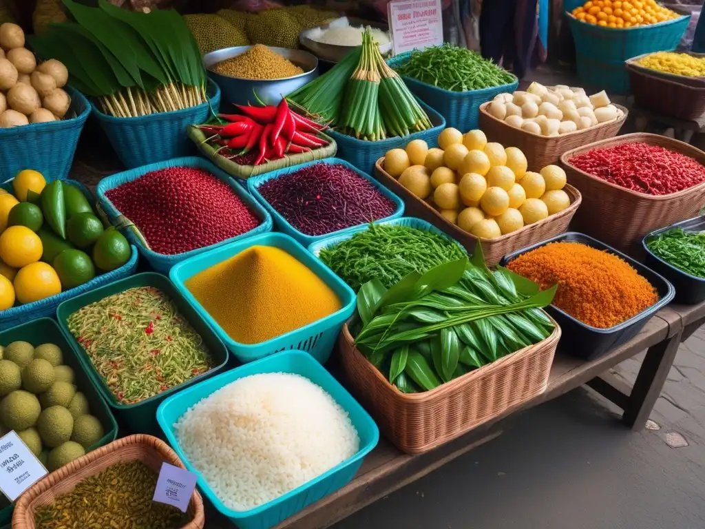 Un mercado callejero vegano en el sudeste asiático rebosante de colores y sabores exóticos