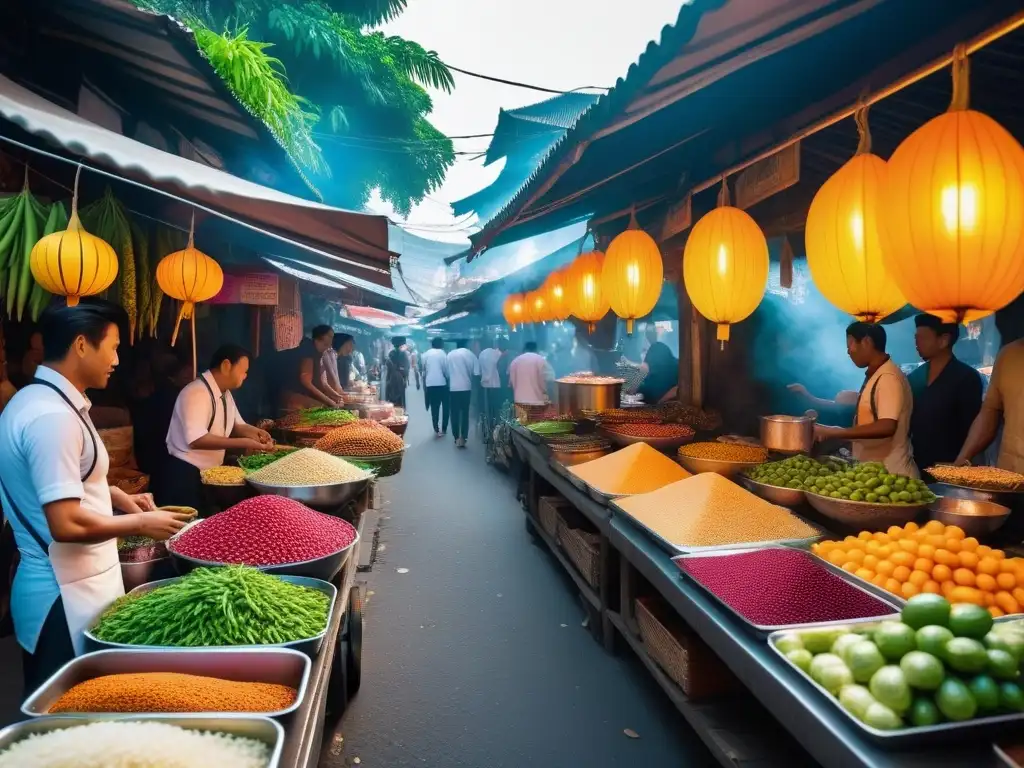 Un mercado callejero vegano vibrante en el sudeste asiático con una variedad de colores y sabores