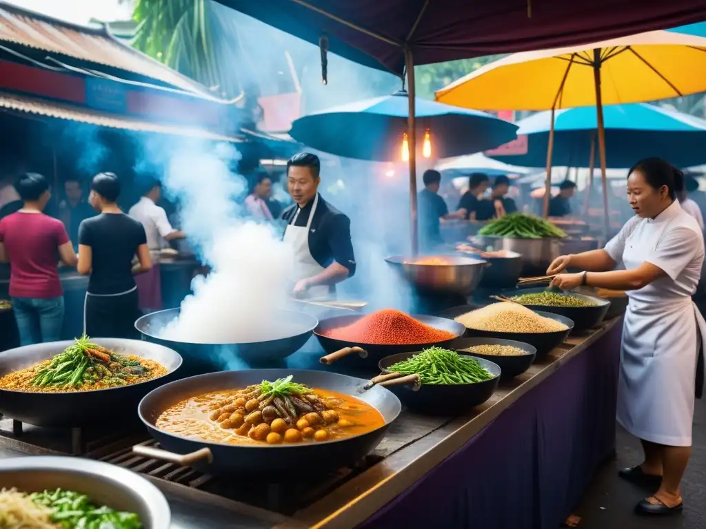 Un mercado callejero vegano vibrante en Bangkok, Tailandia, con tendencias cocina vegana Sudeste Asiático