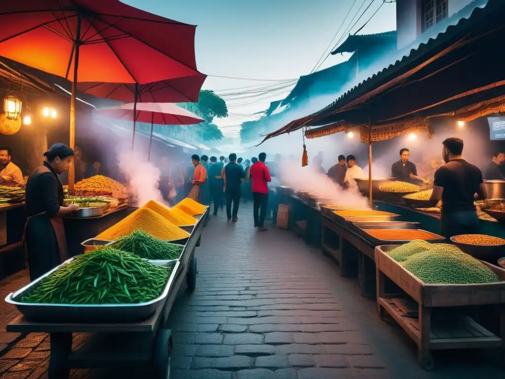 Un mercado callejero vegano vibrante y bullicioso en el Sudeste Asiático, reflejando la rica tradición culinaria