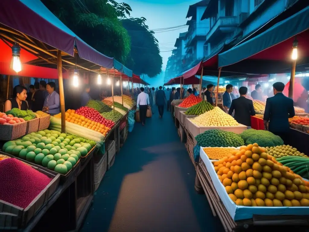 Un mercado callejero vegano vibrante en Tailandia con frutas, verduras y especias exóticas, y un templo tailandés al fondo