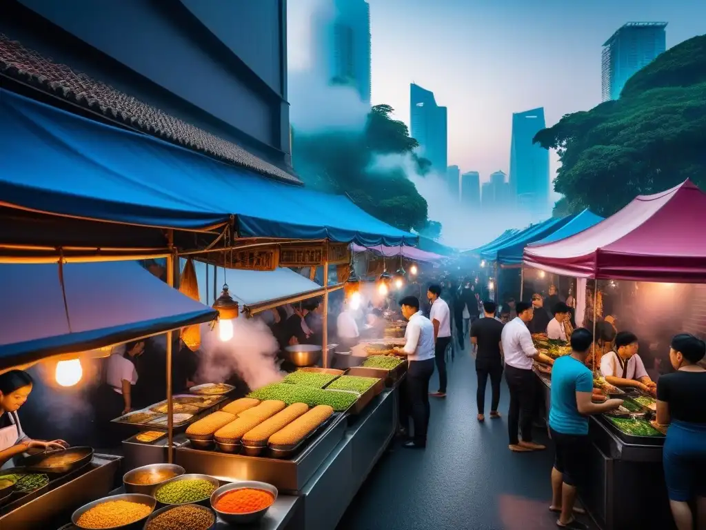 Un mercado callejero vegano vibrante y bullicioso en el corazón de una ciudad del Sudeste Asiático