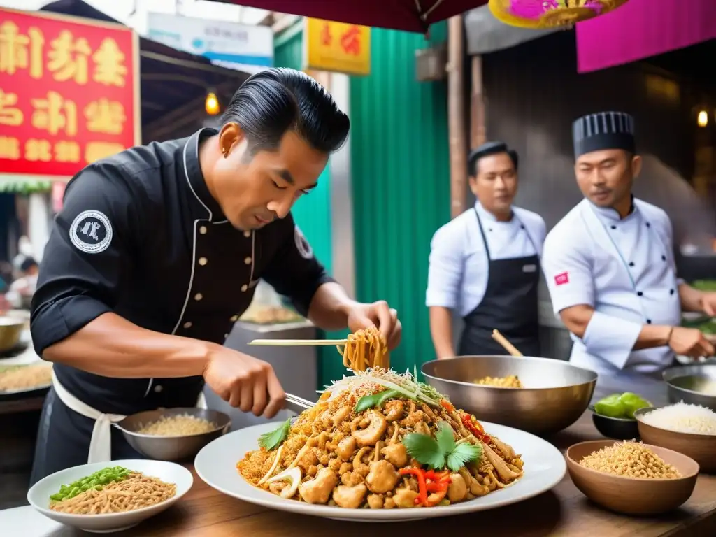 Un mercado callejero vibrante y bullicioso en Bangkok, Tailandia, con puestos coloridos ofreciendo delicias veganas del Sudeste Asiático