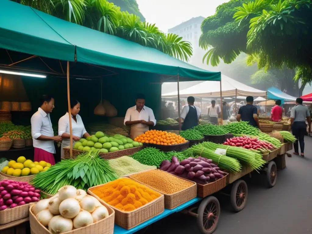 Un mercado callejero vibrante y bullicioso en una ciudad del sudeste asiático, lleno de ingredientes veganos frescos y exóticos