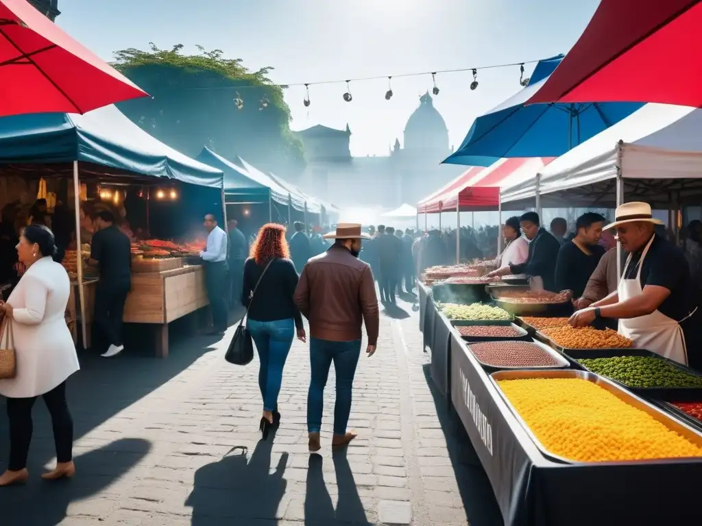 Un mercado callejero vibrante y bullicioso en una ciudad latinoamericana, con puestos coloridos ofreciendo comida callejera a base de plantas