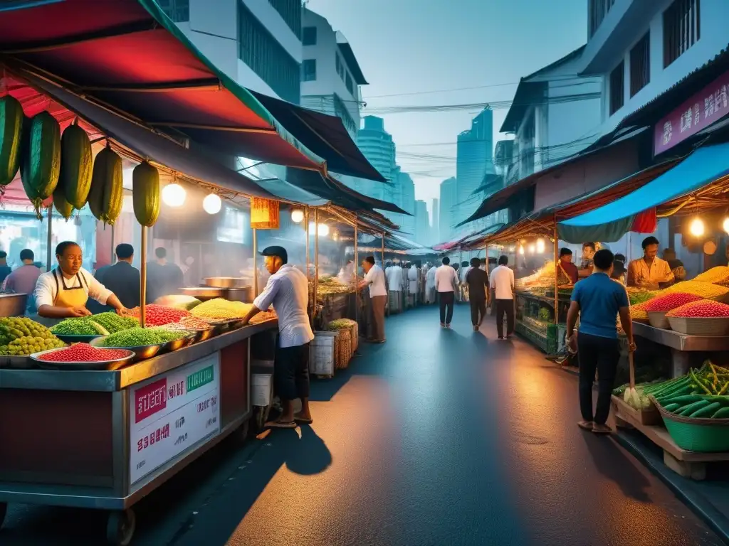 Un mercado callejero vibrante y bullicioso en el sudeste asiático, lleno de colores y sabores de la cocina vegana local