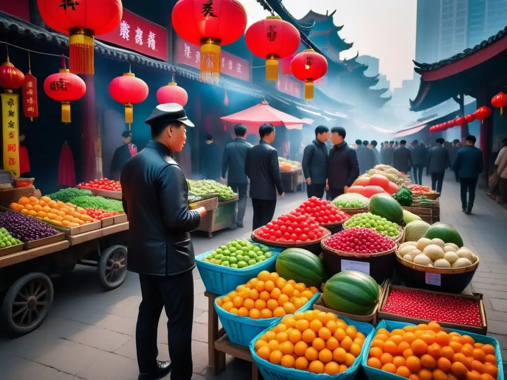 Un mercado callejero vibrante en China con puestos coloridos de frutas, verduras y platillos veganos tradicionales