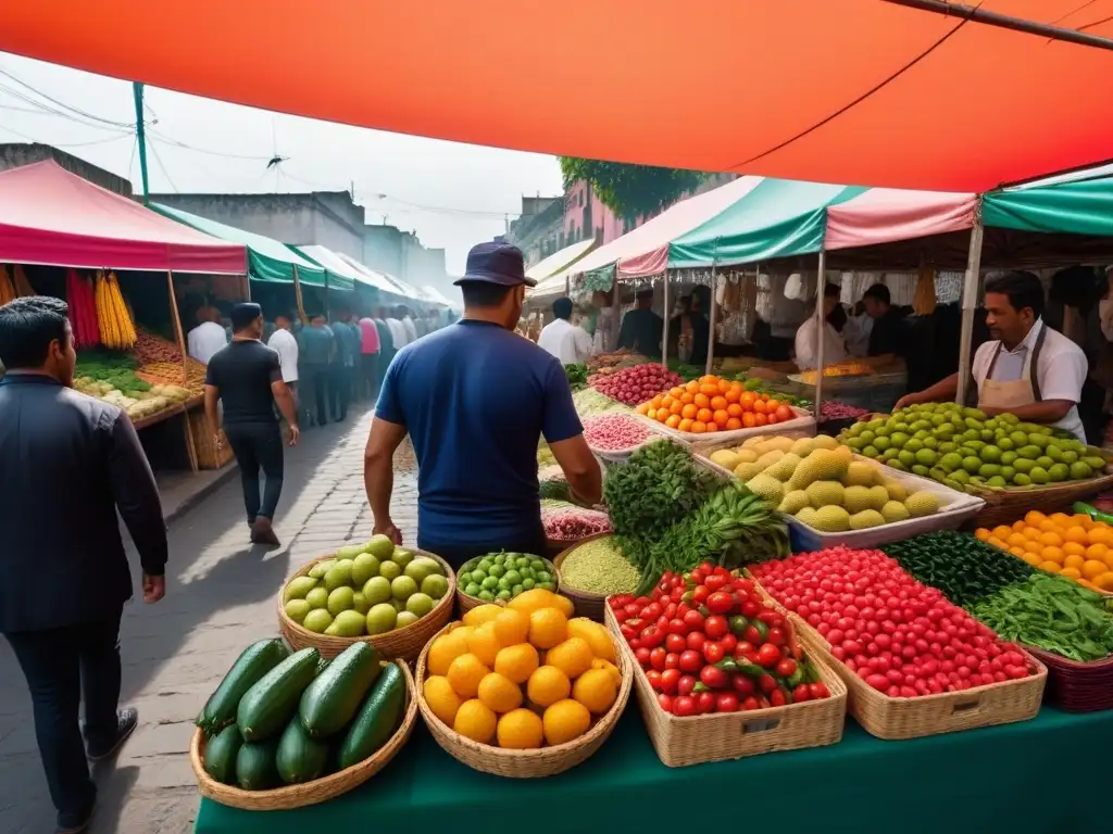 Mercado callejero vibrante en la Ciudad de México con secretos de cocina vegana mexicana