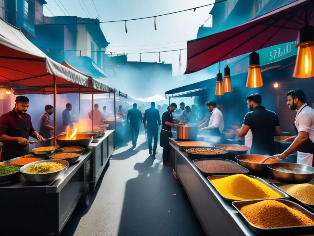 Mercado callejero vibrante de cocina vegana india recetas, con platos tradicionales como biryani y samosas siendo preparados por chefs expertos