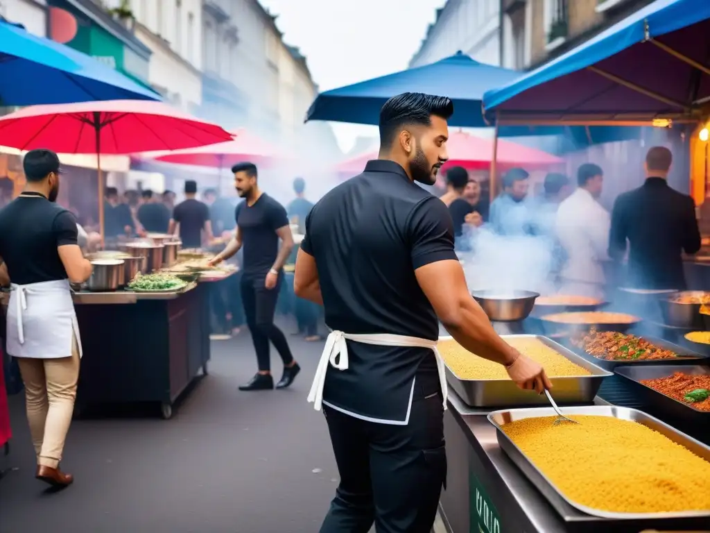 Un mercado callejero vibrante con comida vegana gourmet deliciosa, chefs plato comida mientras clientes prueban