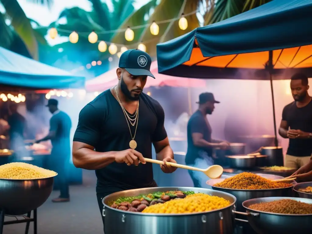 Un mercado callejero vibrante del Caribe con comida vegana, frutas tropicales y platillos deliciosos