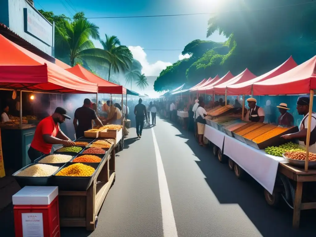 Mercado callejero vibrante en el Caribe con deliciosos platos veganos caribeños