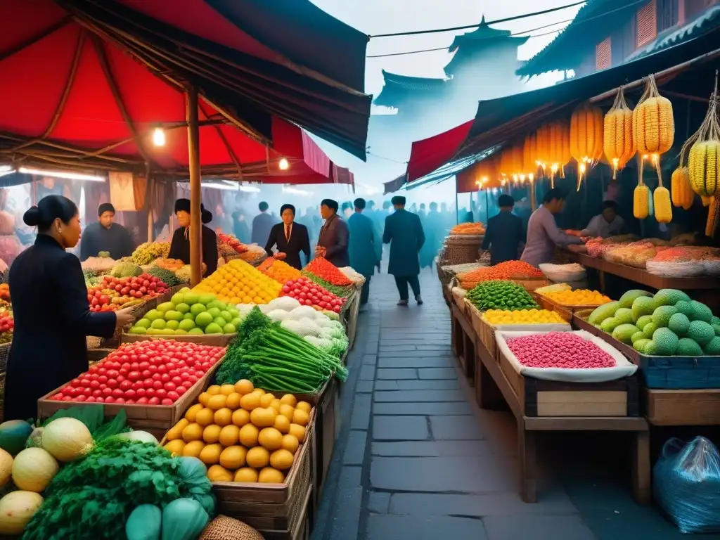 Un mercado callejero vibrante en Asia con frutas y verduras frescas de todo el mundo