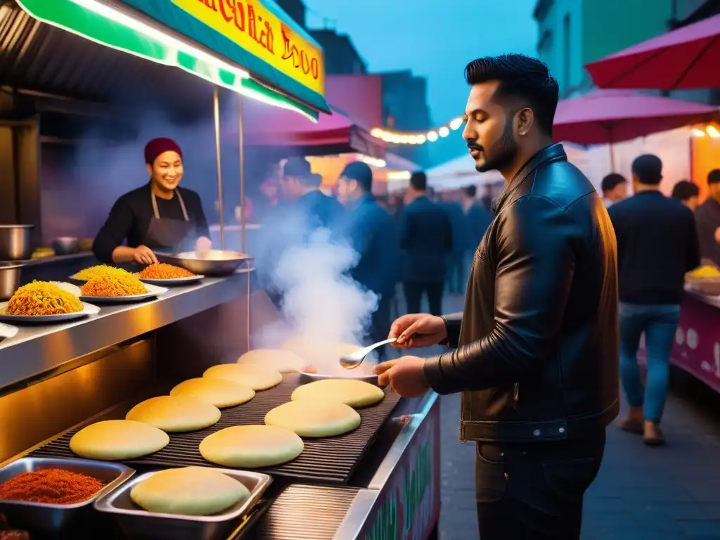 Un mercado callejero vibrante lleno de gente diversa y coloridos puestos de comida ofreciendo delicias veganas latinas como tacos, arepas y empanadas