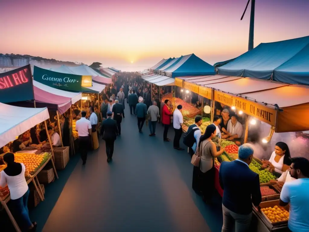 Mercado callejero vibrante en Oceanía con variedad de puestos de comida callejera vegana