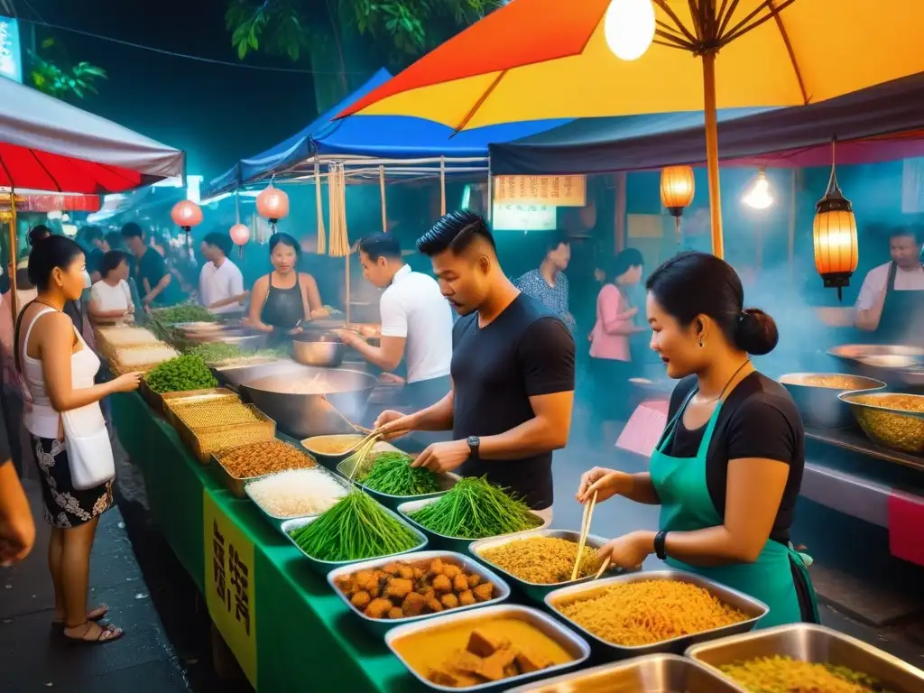 Mercado callejero vibrante en Bangkok con platos veganos del Sudeste Asiático