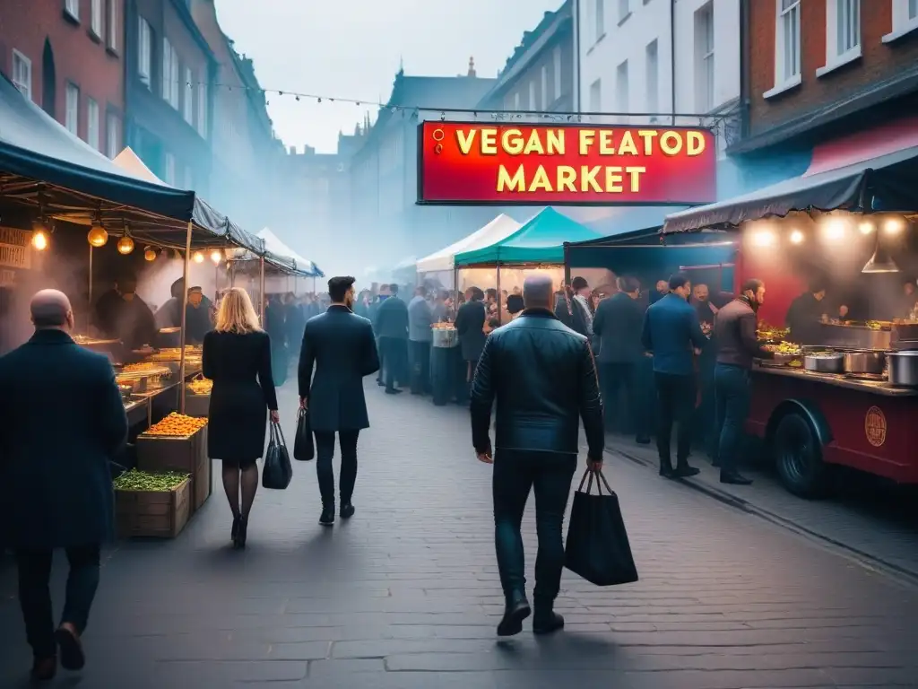 Un mercado callejero vibrante con platos veganos, chefs expertos y clientes entusiastas