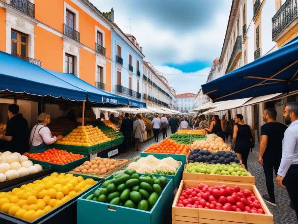 Mercado callejero vibrante en Lisboa con puestos de frutas y verduras orgánicas, quesos veganos y productos vegetales