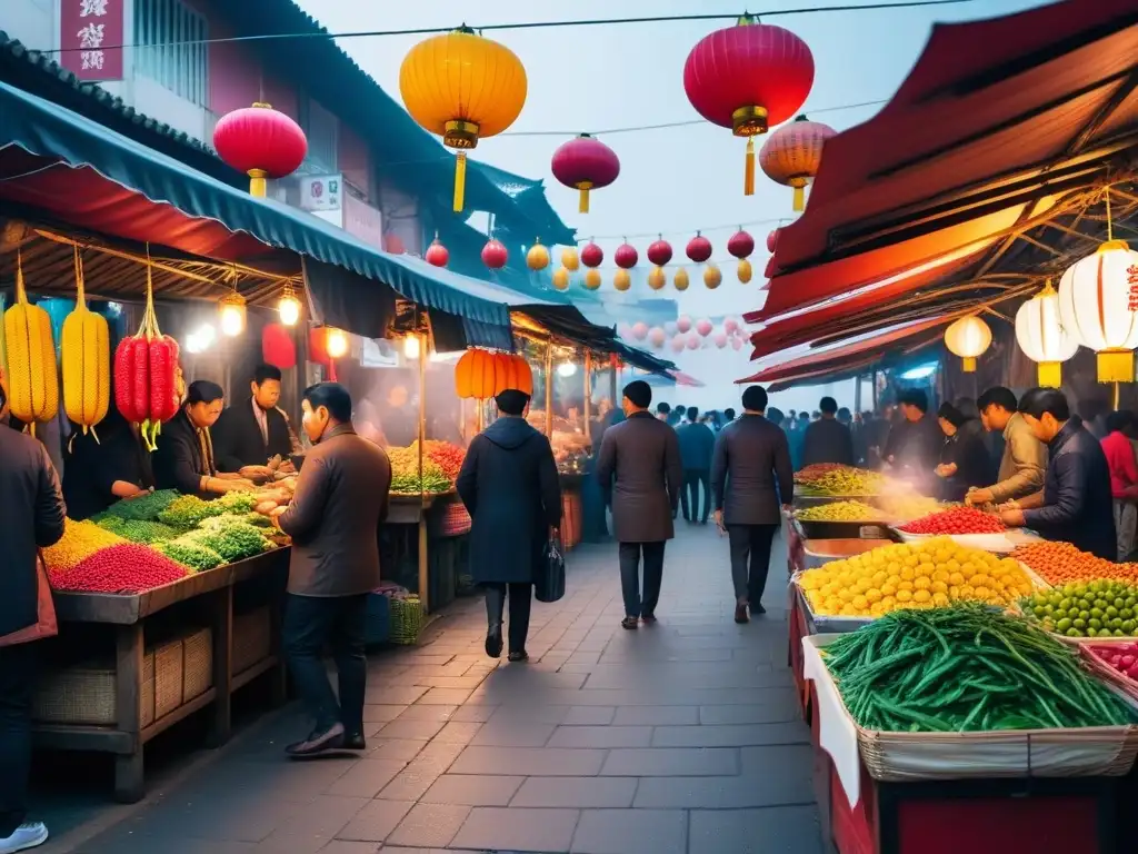 Mercado callejero asiático: colores, sabores y cultura en vivo Un mercado callejero vibrante en Asia, con puestos de frutas exóticas y delicias veganas