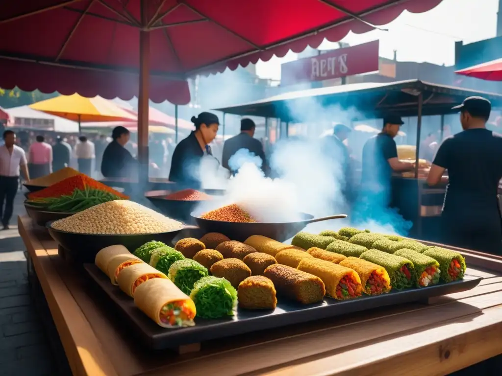 Un mercado callejero vibrante con snacks veganos de cocina internacional, falafel, sushi, elote y rollitos vietnamitas