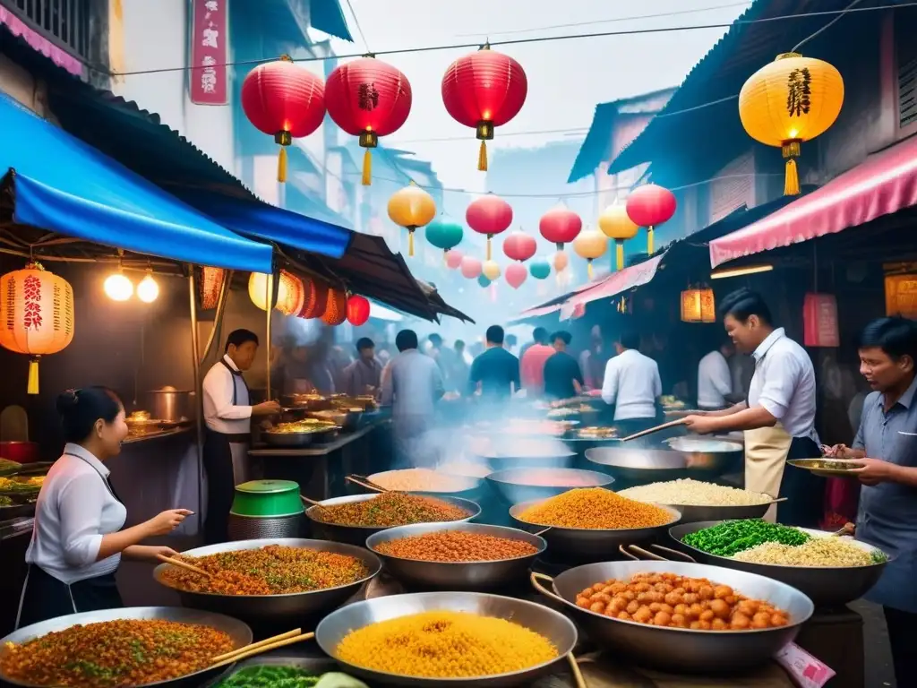 Un mercado callejero vibrante en el sudeste asiático con comida vegana variada y colorida, gente disfrutando y decoraciones tradicionales