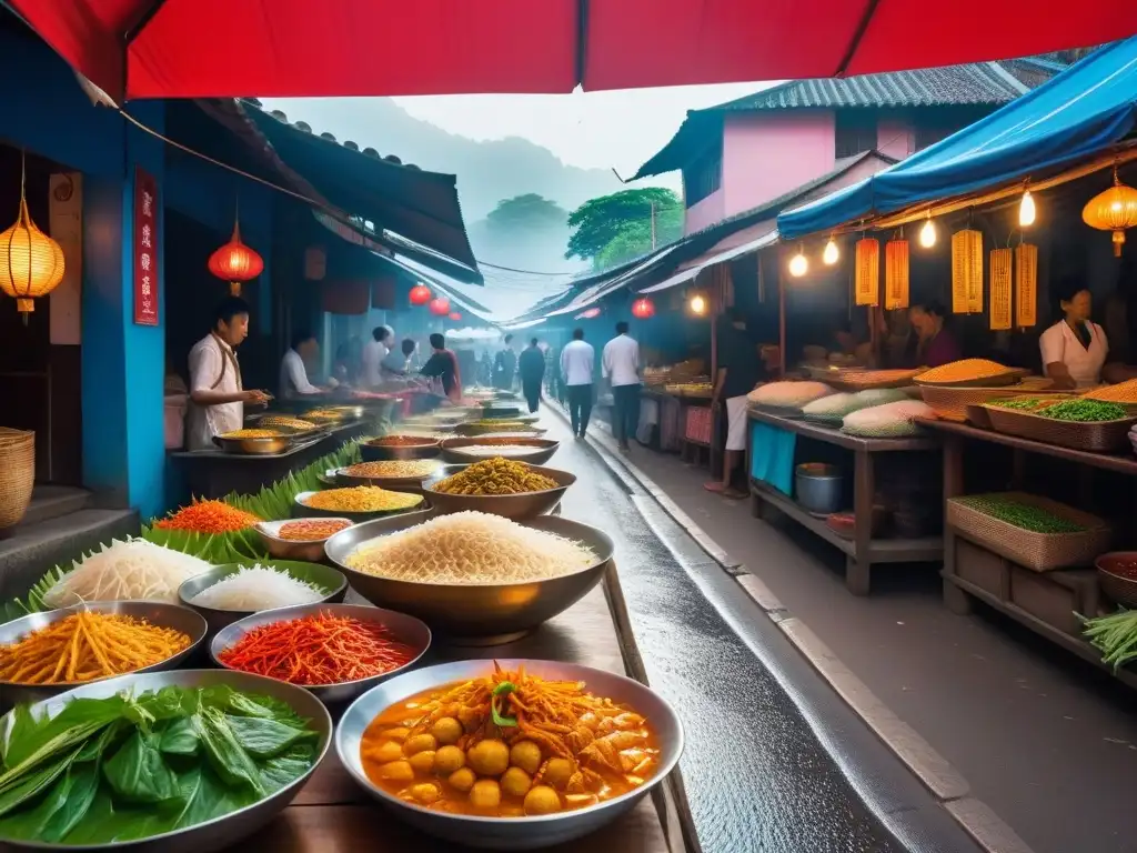 Mercado callejero vibrante en el sudeste con platos veganos tradicionales y coloridos