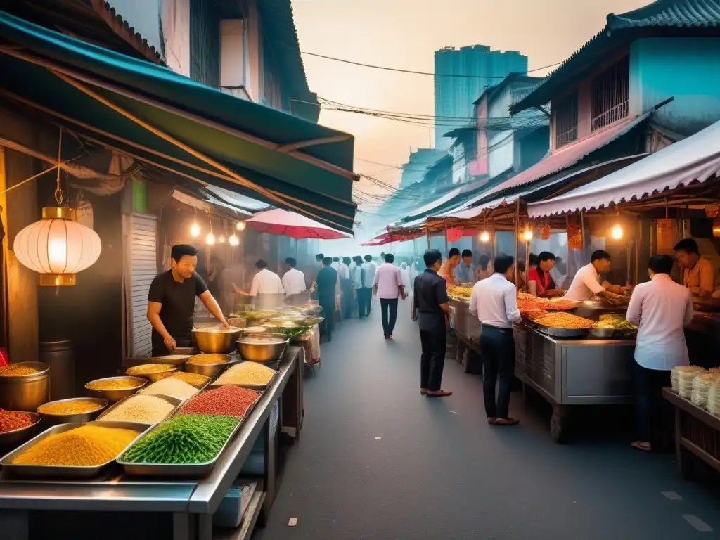 Un mercado callejero vibrante en el sudeste asiático con platos veganos tradicionales, iluminado por la cálida luz dorada del atardecer